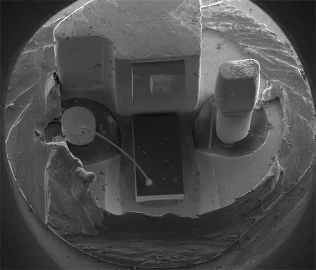 SEM (Scanning Electron Microscope) image of a commercial laser diode with its case cut away
