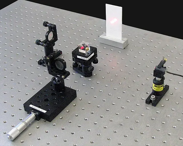 Structure of a Michelson interferometer with diode laser, beam splitter cube, one fixed and one moveable mirror.