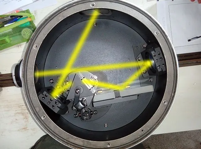 This is a photo shows the internal structure of a reflecting prism monochromator "Carl Zeiss SPM-1". The light bright yellow line indicates the path of light goes throw it. The monochromator diffracts the light using a single prism and a slit to select the specific light from the spectrum. Also,the prism is adjustable.