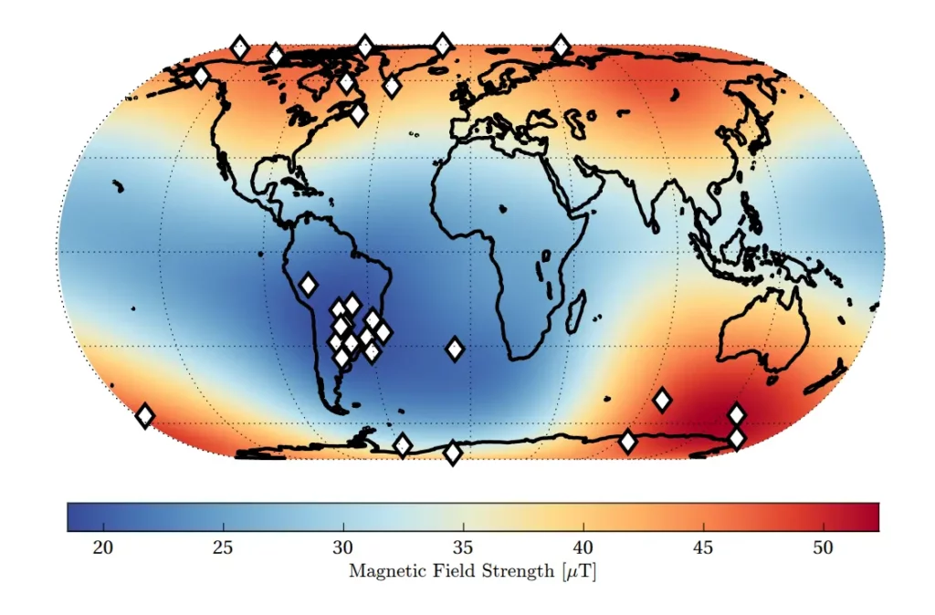 World map showing the location of the GRACE-FO spacecraft at occurrence of SEUs (diamonds). The color coding depicts the strength of the
magnetic field in µT at an altitude of 490 km above Earth’s surface, as derived
from the CHAOS-7 model for January 2021 (Finlay et al., 2020). There is evidence for an increased number of SEUs in the region of the South-Atlantic
Anomaly.