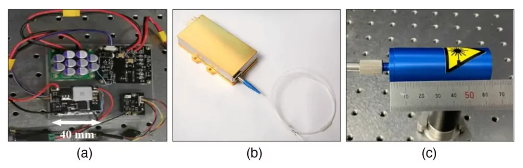 Portable nanosecond laser for handheld laser-induced breakdown spectroscopy instruments. Picture of (a) the driver circuit, (b) the diode pump source, and (c) the laser head.