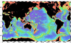 Bathymetric map of the ocean floor showing the continental shelves and oceanic plateaus (red), the mid-ocean ridges (yellow-green) and the abyssal plains (blue to purple) Credit: NOAA
