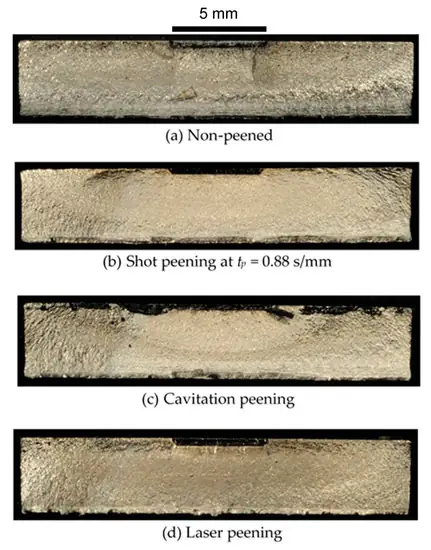 Aspect of fractured surface after the constant applied stress test of specimens of (a) non-peened, (b) shot peening, (c) cavitation peening and (d) laser peening.