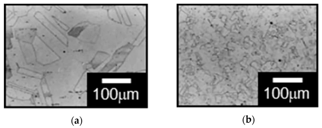 Microstructure of type-316L austenitic stainless steel: (a) Full heat-treated (FH); (b) Stress-relieved (SR).